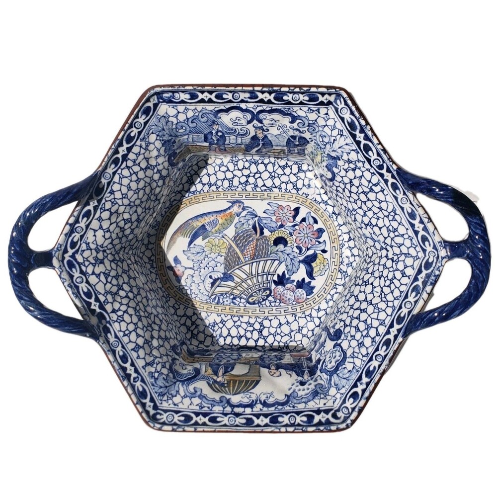 Antique William Adams Chinese Bird Pattern Hexagn Bowl England Rope Twist Handle